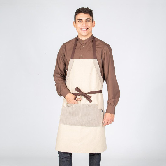 Apron with bib, herringbone pattern, 82X72 cm, 4 contrasting front pockets, GARY'S UNIFORMS.