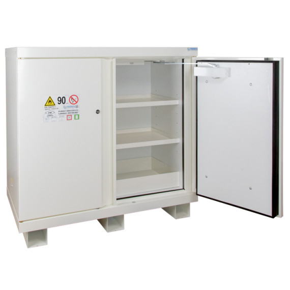 Armoire de 105 minutes avec 2 étagères, 1 bac et 2 portes pour produits inflammables ECOSAFE.