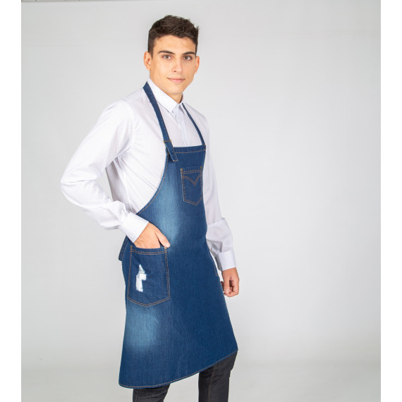 Washed denim bib apron in distressed style REDLINE GARY'S