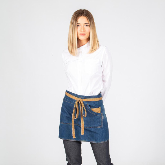 Delantal curto lavado confeccionado em denim lavado combinado com tiras mostarda UNIFORMES GARY'S REDLINE