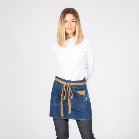 Delantal curto lavado confeccionado em denim lavado combinado com tiras mostarda UNIFORMES GARY'S REDLINE