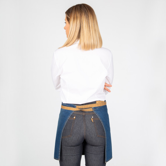 Delantal curto lavado confeccionado em denim lavado combinado com tiras mostarda UNIFORMES GARY'S REDLINE