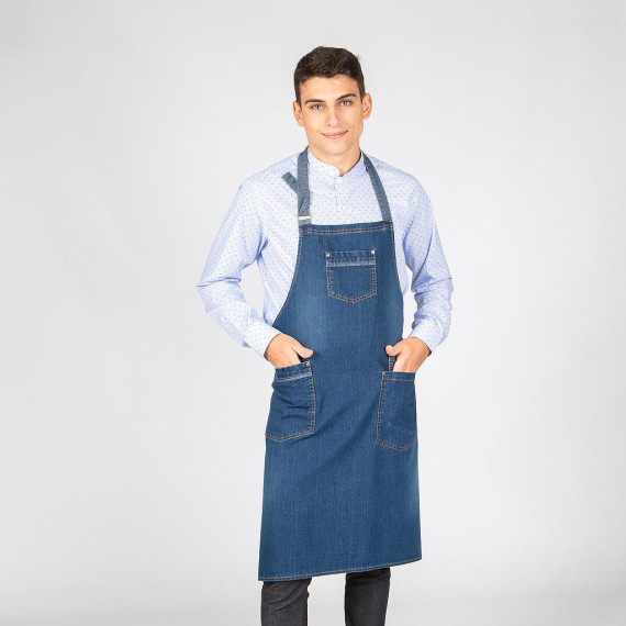 Tablier en denim indigo avec bretelles réglables et poches avant GARY'S
