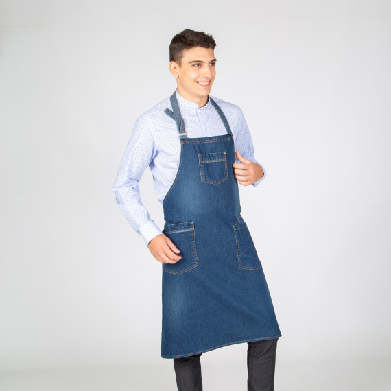 Tablier en denim indigo avec bretelles réglables et poches avant GARY'S