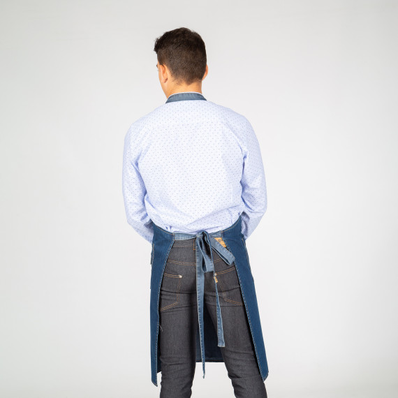 Grembiule lavato in denim blu con spalline regolabili e tasche frontali GARY'S