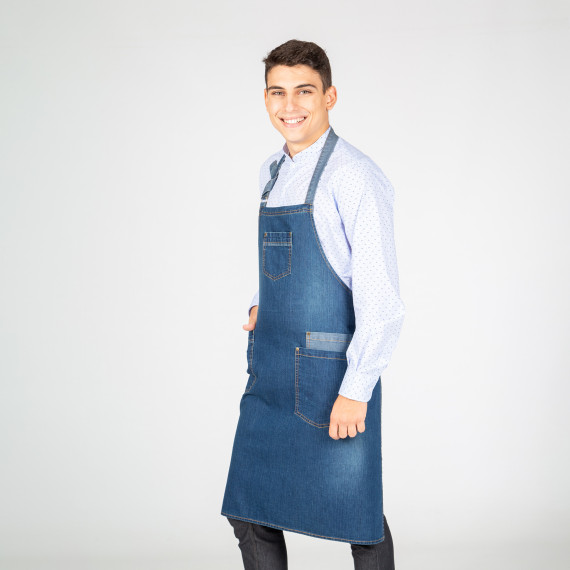 Tablier en denim indigo avec bretelles réglables et poches avant GARY'S
