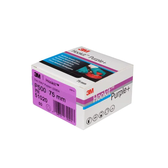 Disco abrasivo púrpura 334U de 75 mm multiagujeros, P500, 51020 Hookit 3M