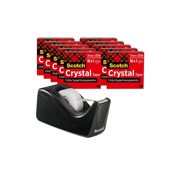 Dispensador negro +cinta Scotch Crystal, 10 rollos de 19 mm x 33 m Scotch C60 3M