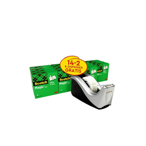 Ruban adhésif Scotch Magic de 19 mm x 33 m + distributeur argent avec poids GRATUIT (16 rouleaux) 3M