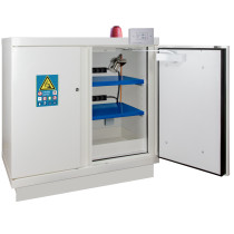 Fireproof safety cabinet for 90 minutes, 2 doors, for lithium-ion batteries, pre-equipped with shelves + extinguisher + alarm.