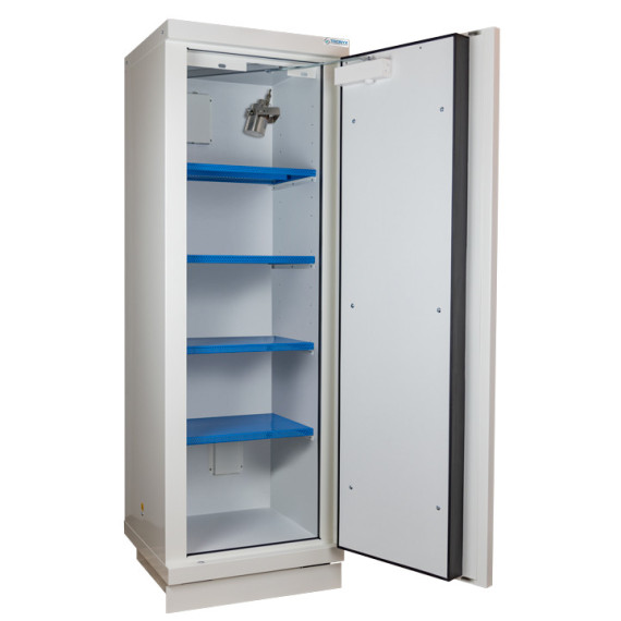 Gabinete de segurança retardador de chama alta, 90 minutos, 1 porta para baterias de íons de lítio, 4 prateleiras + extintor