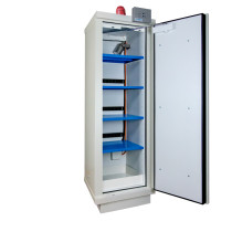 High Flame retardant safety cabinet, 90 minutes, 1 door for lithium-ion batteries, shelf + alarm + detector + extinguisher