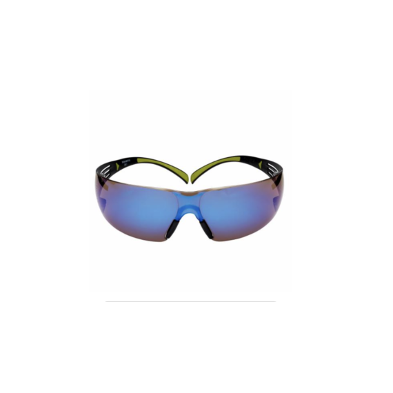Gafas de seguridad de montura negro/verde antirrayaduras, lente de espejo azul 3M. REF: SF408AS
