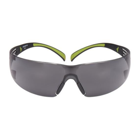 Gafas de protección de lente gris, montura negra y verde, antirrayaduras/antiempañante 3M. REF: SF402AF