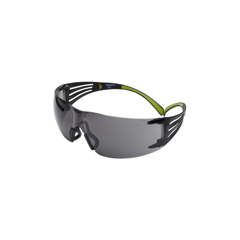 Gafas de protección de lente gris, montura negra y verde, antirrayaduras/antiempañante 3M. REF: SF402AF