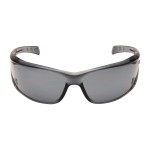 Sicherheitsbrille mit grauen Gläsern und schwarz-grüner Fassung, kratzfest/anti-beschlag 3M