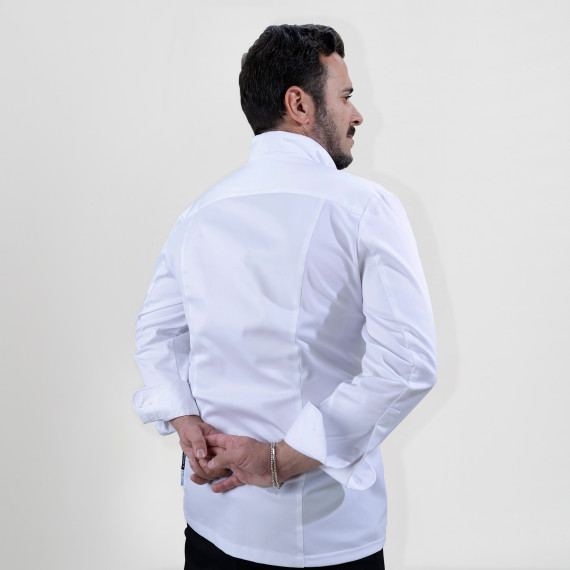Jaqueta GASTROCHEF unissex de manga longa com fecho central na cor branca MOMO UNIFORMES GARY'S 930022