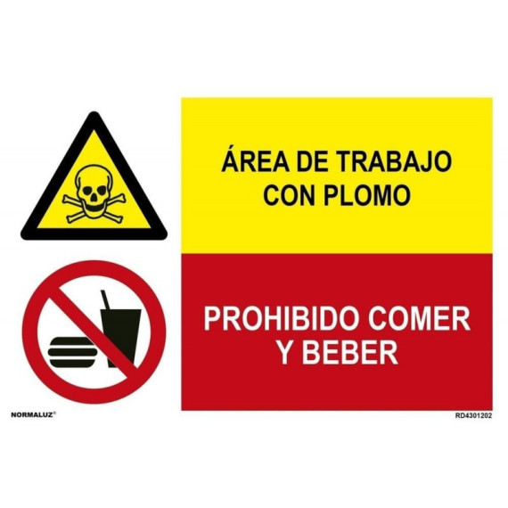 Combined signwork work area with lead and forbidden to eat and drink. Ref: rd4301202