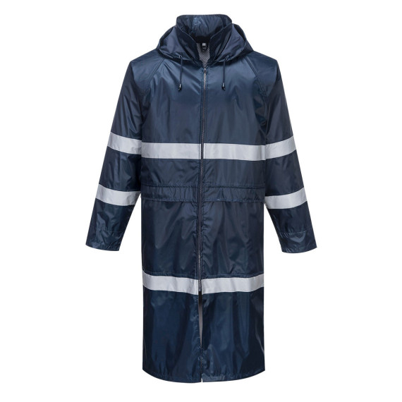 Classic long navy blue Iona raincoat with reflective strips PORTWEST F438