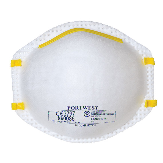 Masque contre la poussière et les brouillards avec clip nasal ajustable FFP1 PORTWEST P100 (pack 20)