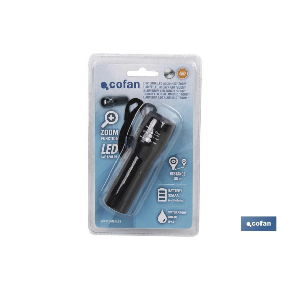 Linterna viajera de aluminio LED ZOOM 3.7 x 12cm v COFAN