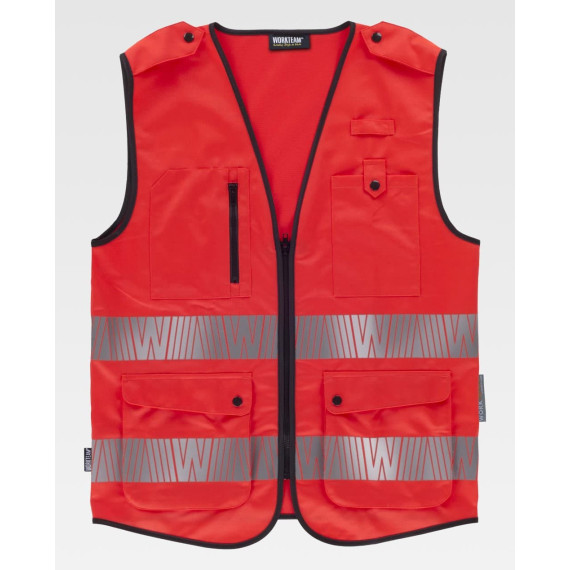 Chaleco rojo flúor con cintas reflectantes segmentadas personalizadas C3677 WORKTEAM