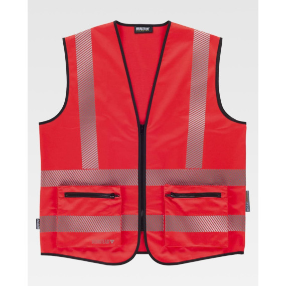 Red High Visibility Vest with segmented reflective strips EN ISO20471 C3657 WORKTEAM