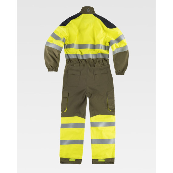 Buzo tricolor ignífugo e antiestático de alta visibilidade, com fitas refletoras e tecido Ripstop B5081.