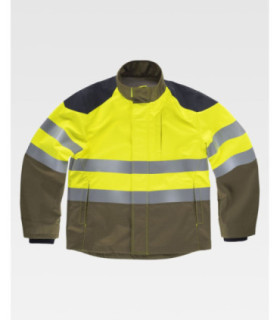 Workshell tricolor, ignífugo e antiestático, de alta visibilidade com fitas refletoras e tecido Ripstop S9581.