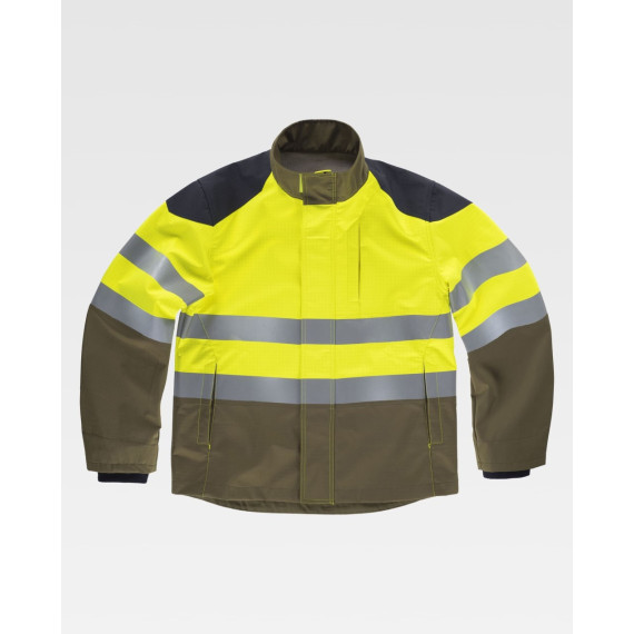 Workshell tricolor, ignífugo e antiestático, de alta visibilidade com fitas refletoras e tecido Ripstop S9581.