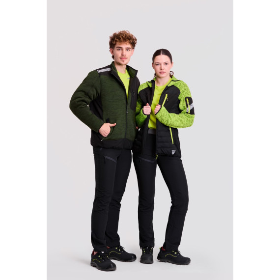Giacca a maglia imbottita con cappuccio, combinata con tessuto Workshell S9475.