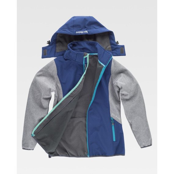 Softshell feminina combinada tricolor. Capuz removível com elástico ajustável RN1010003