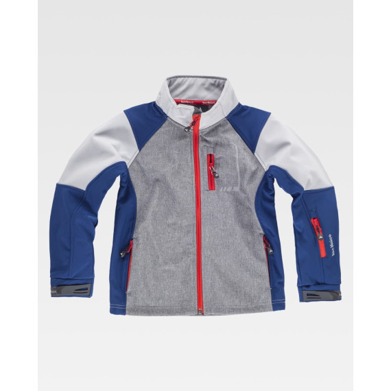 Tricolor combination child softshell. High neck with custom tape and cover inside RN3010002
