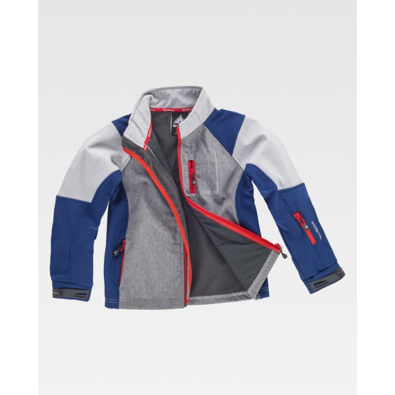 Tricolor combination child softshell. High neck with custom tape and cover inside RN3010002