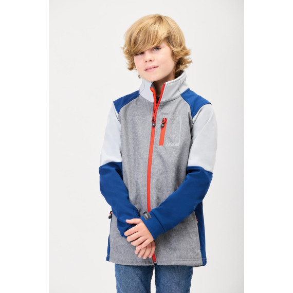 Tricolor combination child softshell. High neck with custom tape and cover inside RN3010002