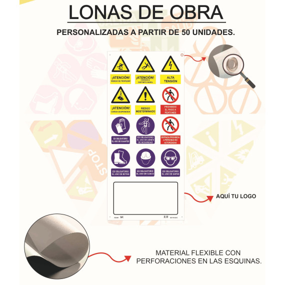Lona múltiple personalizada obra (señales de obligación) SEKURECO