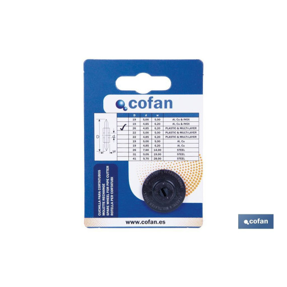 Replacement blade for plastic pipe cutter with a diameter of 26 x 6.2 mm COFAN 09514372.