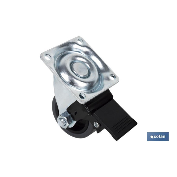 Roda de borracha cinza com placa giratória e freio de 40 mm em pacote de 4 unidades COFAN