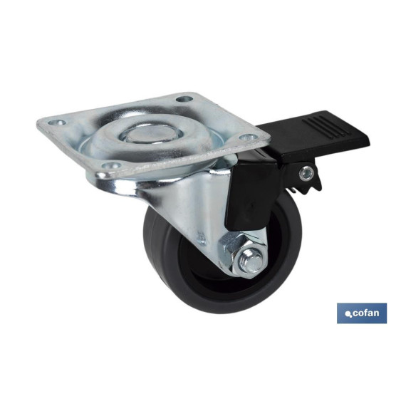 Roda de borracha cinza com placa giratória e freio de 40 mm em pacote de 4 unidades COFAN