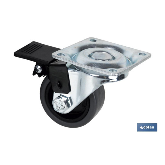 Roda de borracha cinzenta com placa rotativa e 40 mm freio no pacote de 4 unidades cofan ref: 09403624