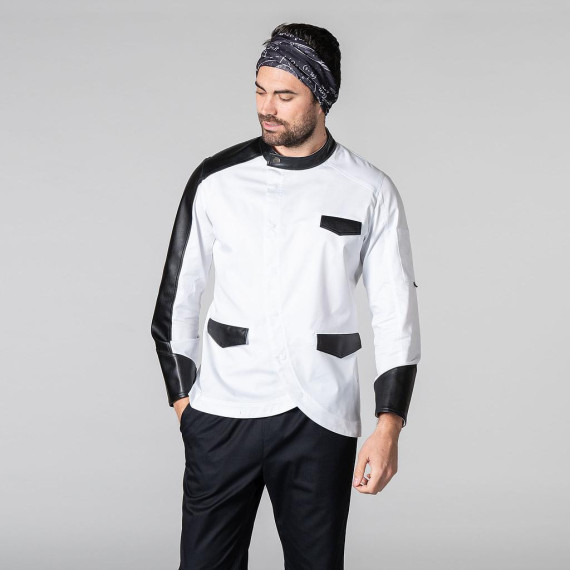 Veste de cuisine homme avec détails en simili cuir noir GIL UNIFORMES GARY'S 940100