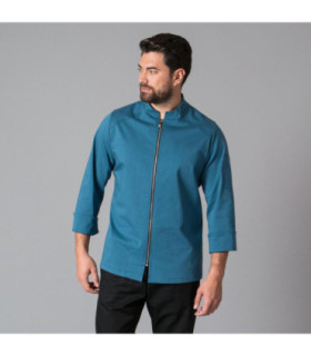 Unisex kitchen jacket with roll-up sleeves and design in petroleum blue color, made of ELASTIC SATIN fabric FERRER UNIFORMS GARY