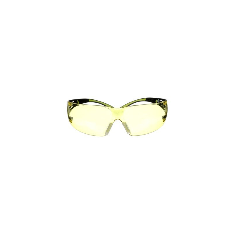 Gafas de protección con lente ámbar de montura negro/verde, antirrayaduras y antiempañante 3M. REF: SF403AF